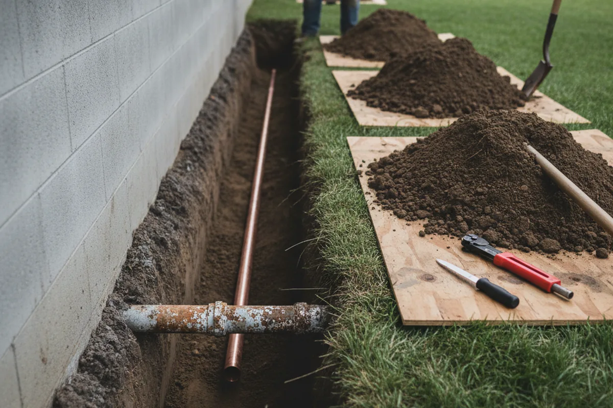 Excavated water line trench during Water Heater Repair in Santa Maria